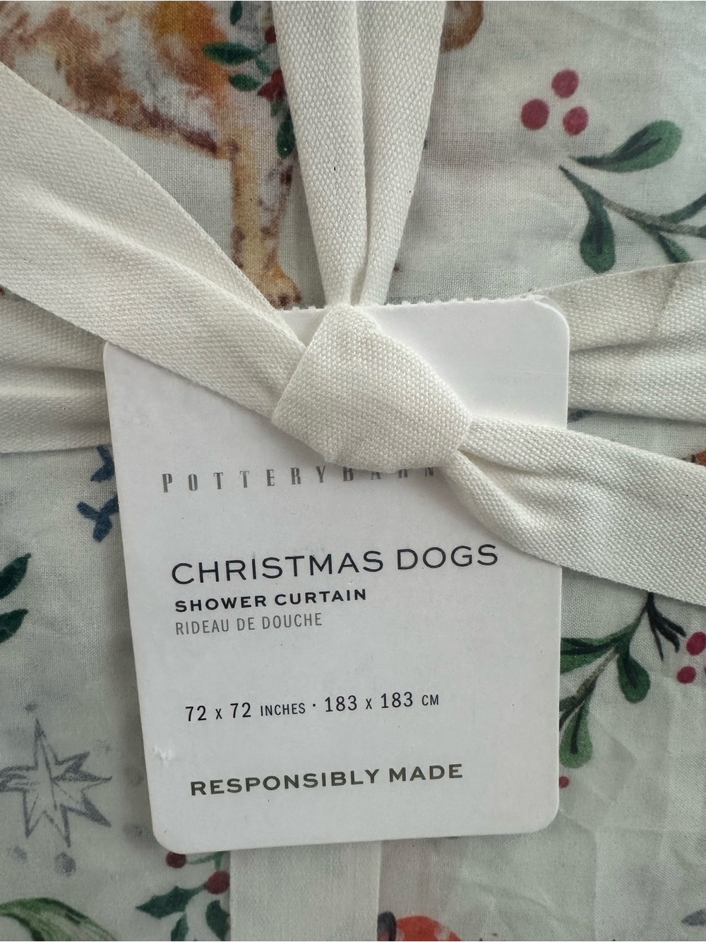 Pottery Barn Christmas Dogs Shower Curtain 72x72” Square Vintage Retro Vibe - Picture 2 of 4